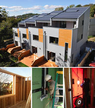 Clockwise from Top: View of Solar Array, Double Wall Construction, Air Sealing and Double Wall Construction - Photo Credit: Transformation Solar and Urbanica